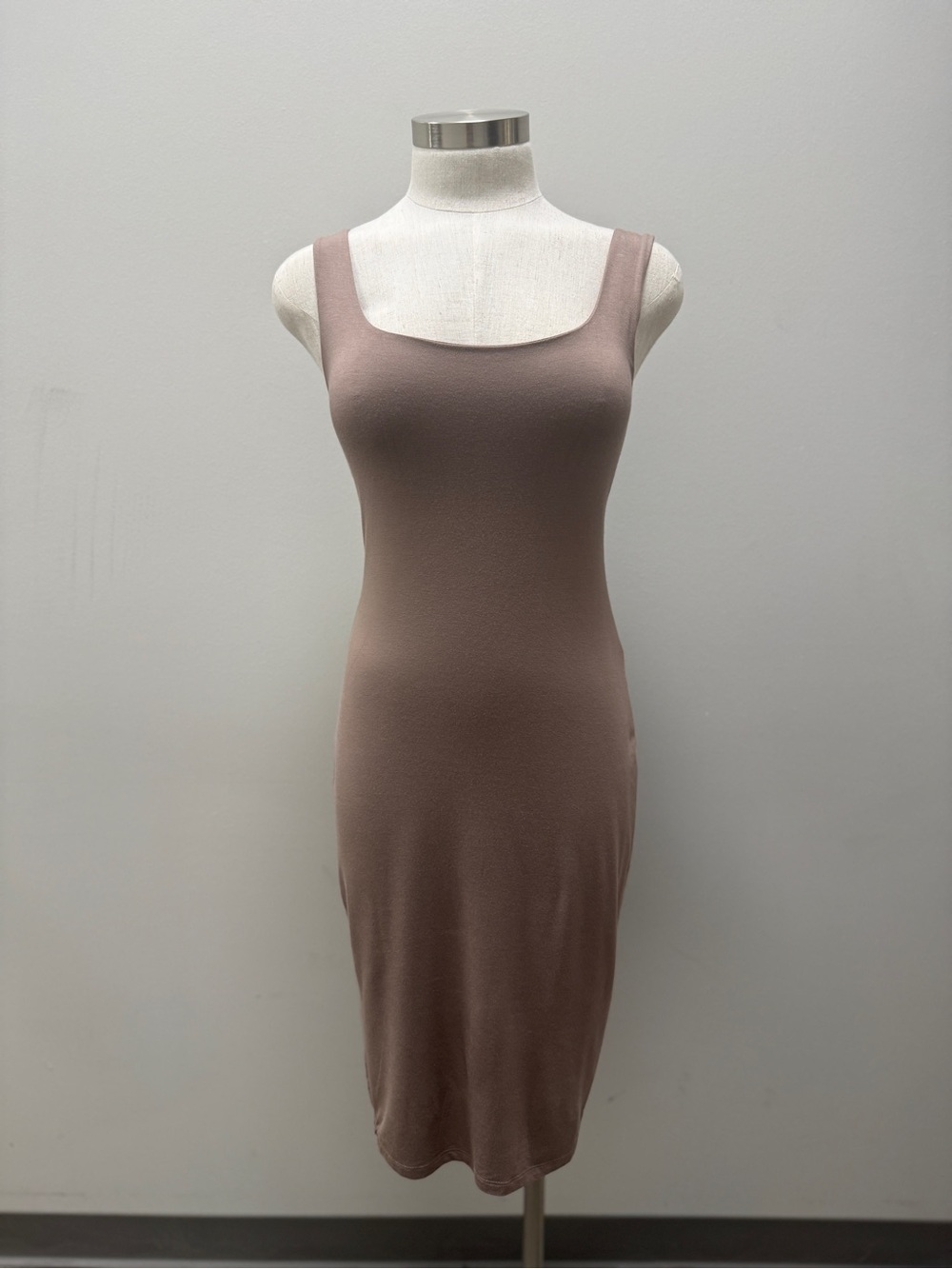 Final Touch Taupe Sleeveless Square Neck Midi Bodycon Dress